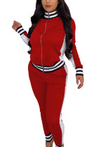 Abbigliamento sportivo casual rosso Misto spandex Patchwork Pantaloni patchwork solidi Colletto con cerniera Manica lunga Manica normale Due pezzi regolari