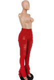 Denim vermelho moda casual adulto rasgado cintura alta corte jeans