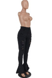 Calça jeans preta moda casual adulto rasgado cintura alta corte jeans