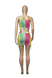 Green and yellow Sexy Gradual Change Print Bandage Hollowed Out Spaghetti Strap Sleeveless Two Pieces