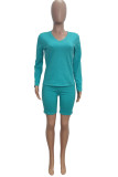 Green Casual Sportswear Solid V Neck Long Sleeve Regular Sleeve Regular Two Pieces