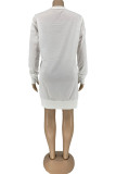 Witte mode-straat volwassen letter letter O-hals mini-jurk met lange mouwen en lange mouwen