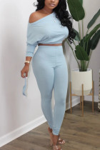 Baby Blue Fashion Casual Adult Solid One Shoulder Nine Points Sleeve One Shoulder Short Two Pieces