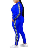 Синий модный повседневный лоскутный воротник с буквенным принтом для взрослых и отложным воротником с длинным рукавом, обычный рукав, обычный комплект из двух предметов