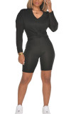 Vêtements de sport décontractés noirs, couleur unie, col en V, manches longues, manches régulières, deux pièces régulières
