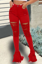 Красные модные повседневные однотонные рваные джинсы для взрослых с высокой талией