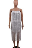 White Sexy Party Sequined Patchwork Tassel Sequins Patchwork Spaghetti Strap A Line Plus Size 