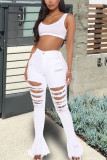 White Fashion Casual Adult Solid High Waist Distressed Boot Cut Ripped Denim Jeans