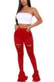 Red Fashion Casual Adult Solid High Waist Distressed Boot Cut Ripped Denim Jeans