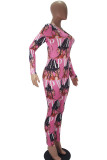 Pink Fashion Adult Living Print Letter V Neck Skinny Jumpsuits