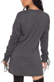 Grey Fashion Sexy Adult Solid Draw String O Neck Long Sleeve Knee Length Long Sleeve Dress Dresses