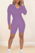 Light Purple Casual Sportswear Cotton Solid V Neck Long Sleeve Regular Sleeve Regular Two Pieces