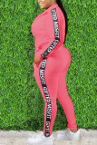 Розовый модный повседневный лоскутный воротник с надписью для взрослых и отложным воротником с длинным рукавом, обычный рукав, обычный комплект из двух предметов