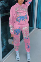 Abbigliamento sportivo da strada rosa in raso con stampa di lettere in raso con cappuccio, colletto con cappuccio, manica lunga, manica regolare, due pezzi regolari