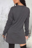Grey Fashion Sexy Adult Solid Draw String O Neck Long Sleeve Knee Length Long Sleeve Dress Dresses