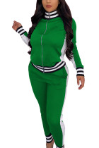 Зеленая повседневная спортивная одежда Смеси спандекса Пэчворк Однотонные лоскутные брюки Воротник на молнии с длинным рукавом Обычный рукав Обычные две вещи