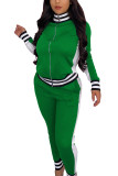 Green Casual Sportswear Spandex Blends Patchwork Solid Patchwork Pants Zipper Collar Long Sleeve Regular Sleeve Regular Two Pieces