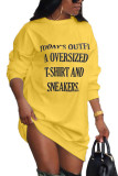 Yellow Fashion Street Adult Letter Letter O Neck Long Sleeve Mini Long Sleeve Dress Dresses
