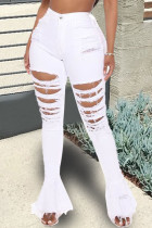 Jeans branco moda casual adulto rasgado cintura alta corte jeans