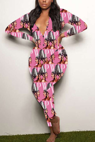 Macacão skinny rosa moda adulto com estampa letra decote em V