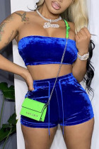 Blue Sexy Pleuche Patchwork Solid Patchwork Vests Strapless Sleeveless Short Two Pieces Tube Crop Tops And Shorts Sets