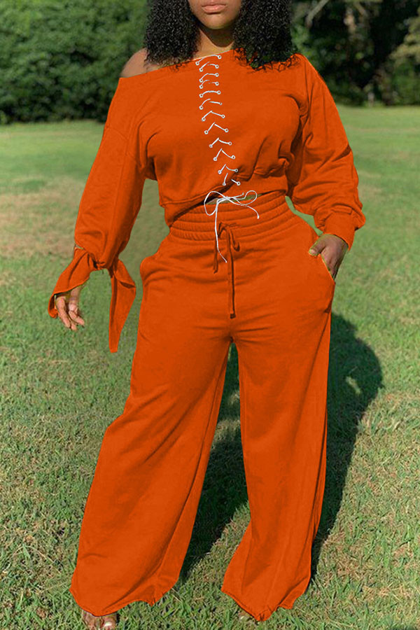 Orange Fashion Casual Adult Solid Bandage O Neck Long Sleeve Regular Sleeve Regular Two Pieces