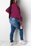 purple Casual Solid O Neck Mid Waist Tops
