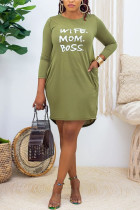 Green Fashion Casual Living Letter Print Pocket Pullovers Basic O Neck Long Sleeve Mini Straight Dresses
