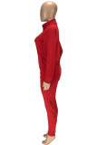 Rosso Moda Miscele casual Patchwork Solido Patchwork Tasca Pantaloni Colletto con cerniera di base Manica lunga Manica regolare Due pezzi regolari