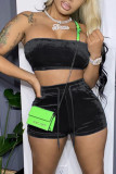 Black Sexy Pleuche Patchwork Solid Patchwork Vests Strapless Sleeveless Short Two Pieces Tube Crop Tops And Shorts Sets