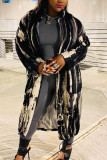 Zwarte Mode Beroemdheden Volwassen Gestreepte Print Vest Turndown Kraag Bovenkleding