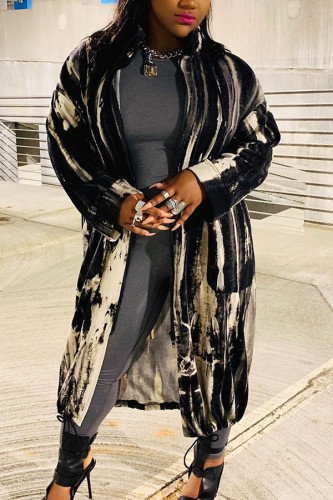 Black Fashion Celebrities Adult Striped Print Cardigan Turndown Collar Outerwear