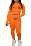 Orange Mode Sexig vuxen fru Brev Solid tvådelad kostym penna långärmad tvådelad