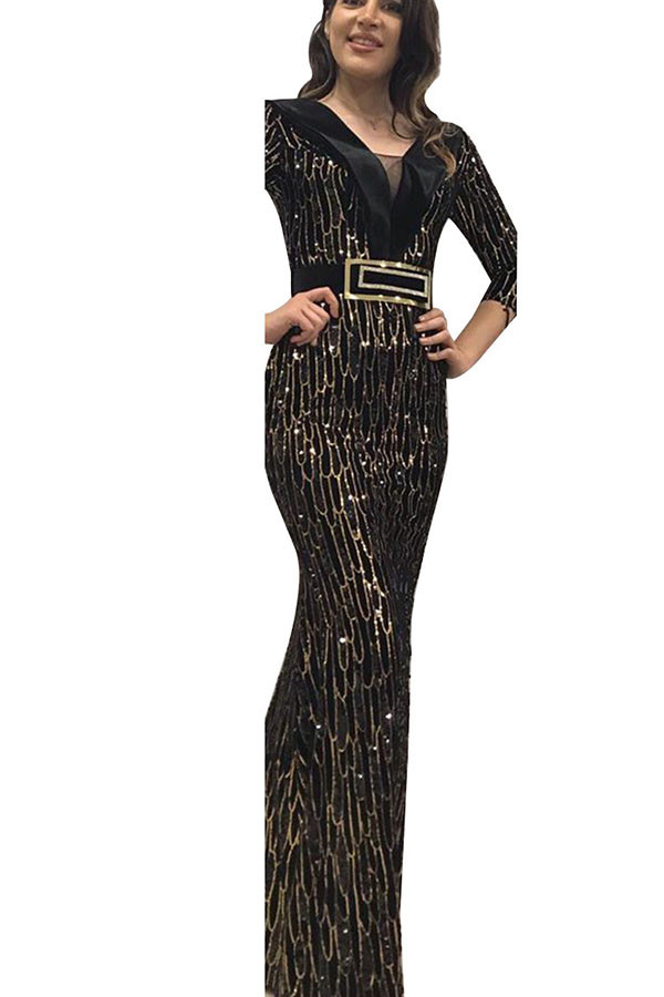 Черные сексуальные вечерние платья с принтом Pleuche и бисером, базовые платья с V-образным вырезом и половиной рукавов, длиной до пола, платья трапециевидной формы
