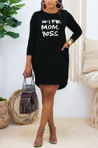 Schwarze, modische, lässige Wohn-Pullover mit Buchstabendruck, Taschenpullover, Basic-O-Ausschnitt, lange Ärmel, gerade Mini-Kleider