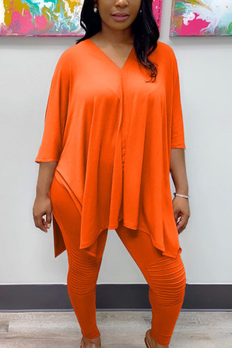 Orange Fashion Sportswear Adult Milk Fiber Solid Slit V Neck Three Quarter Cap Sleeve Regular Two Pieces