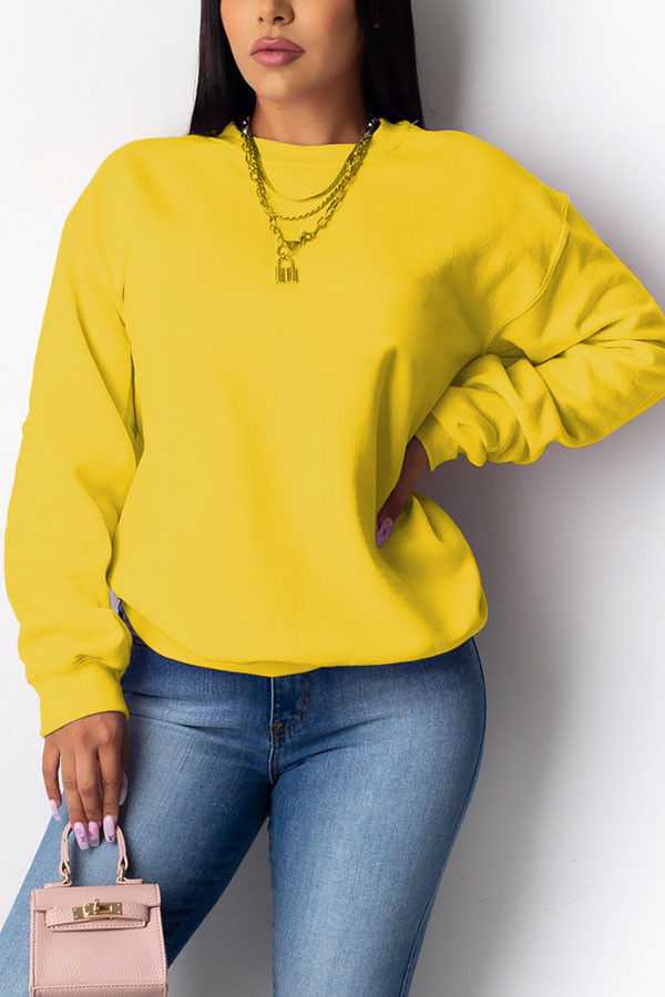 Yellow Casual Solid O Neck Mid Waist Tops