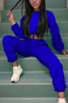 Синий модный сексуальный однотонный пэчворк для взрослых с круглым вырезом и длинным рукавом, обычный рукав, короткий комплект из двух предметов