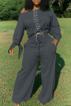 ダークグレーファッションカジュアルアダルトソリッド包帯Oネック長袖レギュラースリーブレギュラーツーピース