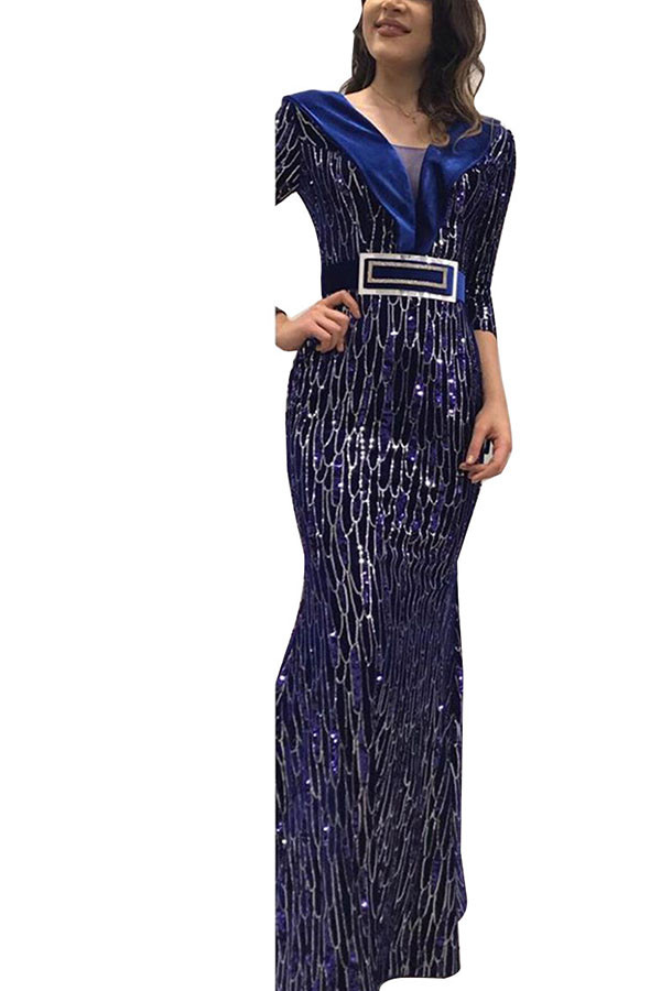 Синий сексуальный вечерние Pleuche с принтом из бисера, базовые платья с V-образным вырезом, половиной рукава, длиной до пола, платья трапециевидной формы