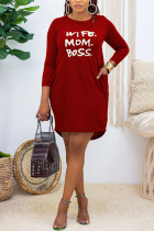 Wine Red Fashion Casual Living Letter Print Pocket Pullovers Basic O Neck Long Sleeve Mini Straight Dresses