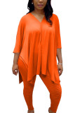 Orange Mode Sportkläder Vuxen Mjölkfiber Solid Slit V-hals Tre fjärdedels Kepsärm Vanlig Tvådelad