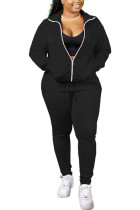 Черные модные повседневные смешанные лоскутные однотонные лоскутные брюки с карманами Базовый воротник на молнии с длинным рукавом Обычный рукав Обычные две части
