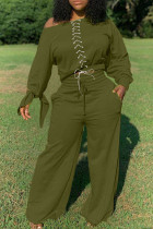 Армейский зеленый модный повседневный однотонный бандаж для взрослых с круглым вырезом и длинным рукавом, обычный рукав, два предмета