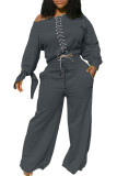 ブラックファッションカジュアルアダルトソリッド包帯Oネック長袖レギュラースリーブレギュラーツーピース
