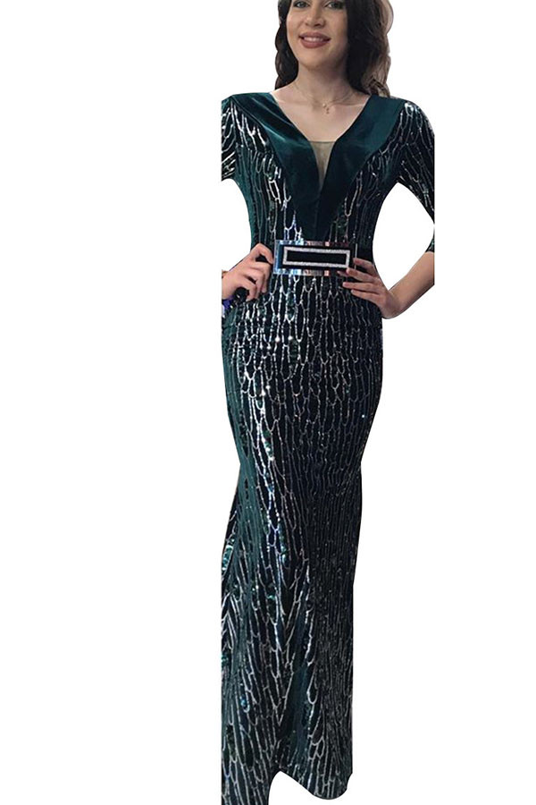 Черно-зеленый сексуальный вечерний плиссированный принт из бисера, базовые платья с V-образным вырезом, половиной рукава, длиной до пола, платья трапециевидной формы