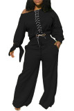 Черная модная повседневная однотонная повязка для взрослых с круглым вырезом и длинным рукавом, обычный рукав, обычные две части