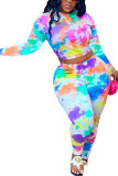 multicolor Fashion Sexy Adult Print Tie-dye O Neck Long Sleeve Regular Sleeve Short Two Pieces