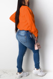 Orange Casual Solid O Neck Mid Waist Tops