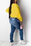 Yellow Casual Solid O Neck Mid Waist Tops